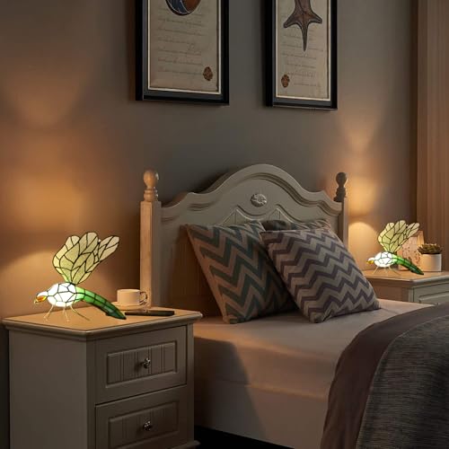Tiffany Table Lamp Green Dragonfly Stained Glass Bedside Nightstand Night Light