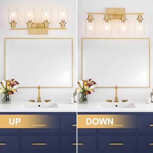 4 Light Gold Bathroom Light Fixtures Brushed Brass Vanity Light Over Mirror Modern Farmhouse Wall Lighting Sconces Wall Lamp for Bathroom