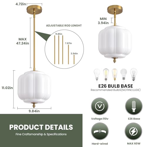 Vintage Milk Glass Pendant Lights 9.8 Inch Mid Century Modern Hanging Ceiling Light