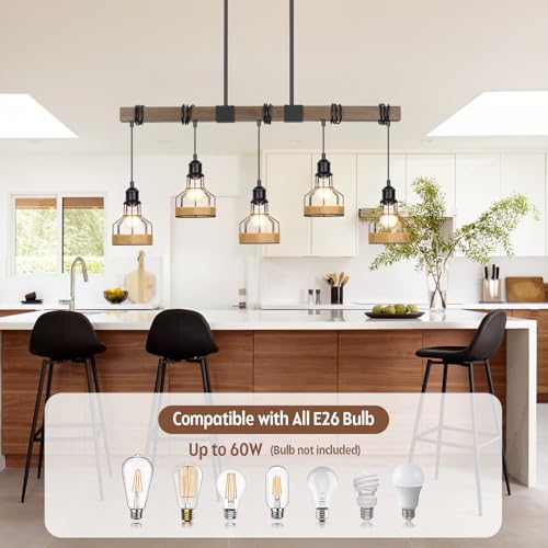 5 Light Kitchen Pendant Lighting Over Island Rustic Solid Wood