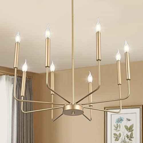 Modern Gold Farmhouse Chandeliers, 8-Light Industrial Metal Chandelier Lighting, Classic Candle Hanging Pendant Light Fixtures for Kitchen Bedroom, Dining Room, Living Room,Foyer