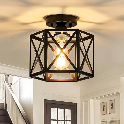 Modern Farmhouse Black Metal Semi Flush Mount Ceiling Light Fixture 9.5 in