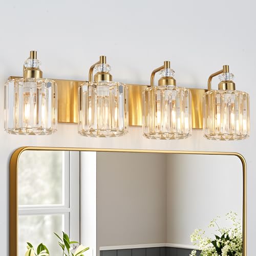 4 Light Modern Vanity Lights Brushed Brass Bathroom Light Fixtures Over Mirror Gold Bathroom Vanity Lighting with Crystal Shade E26 Base Wall Sconce for Bedroom Living Room Restroom Wall Lamp