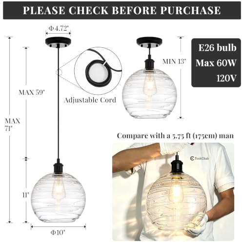 Modern Glass Pendant Light 10” Black Kitchen Island Hanging Light Fixture