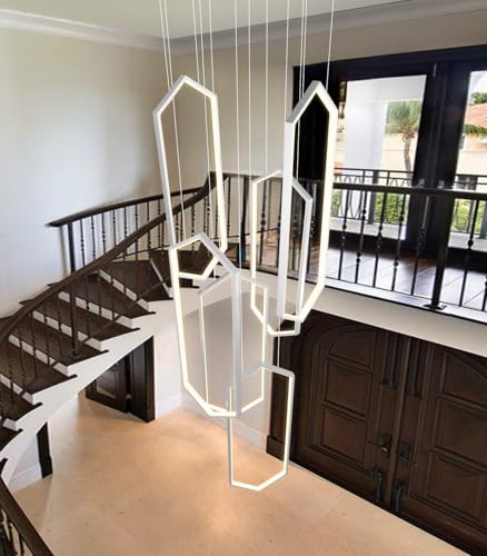 6 Rings Modern Chandelier LED Dimmable Long Large High Ceiling Chandelier Adjust Flush Mount Ceiling Light for Foyer Lobby Living Room Staircaes Sliver (6 Count)
