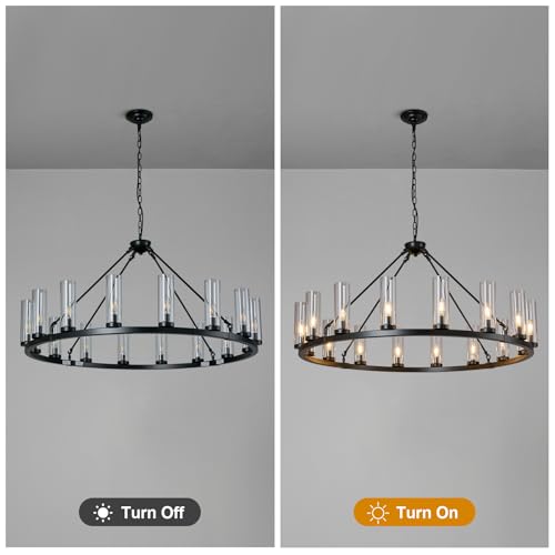 16 Light Large Wagon Wheel Chandelier with Clear Glass Shade Black Round Pendant Light Farmhouse Industrial Chandeliers Dining Room Light Fixture for Stair Living Room Foyer Kitchen