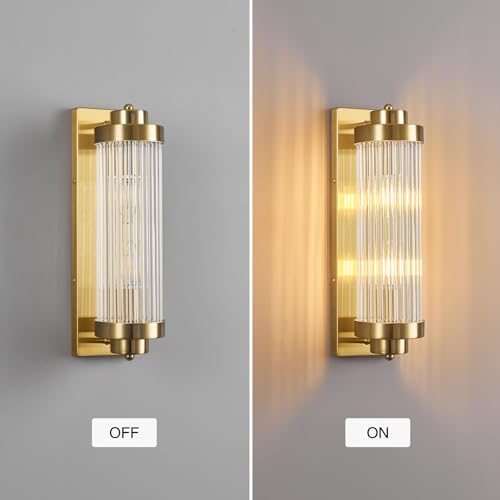 Gold Wall Sconces Set of Two with Crystal Glass Strip Bathroom Sconces Modern Wall Lights for Bedroom Living Room Hallway Wall Light Fixtures (2 Count)
