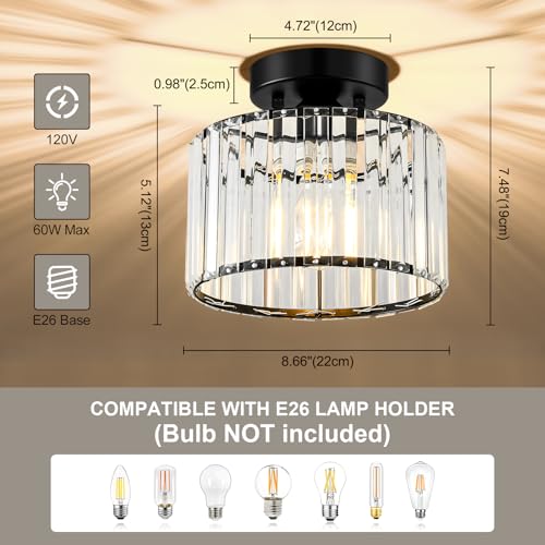 Crystal Black Semi Flush Ceiling Light 8.66 Inch