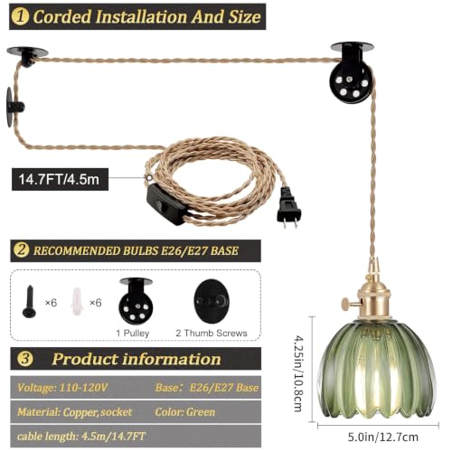 Plug in Pendant Light Hanging Light Fixture Corded On