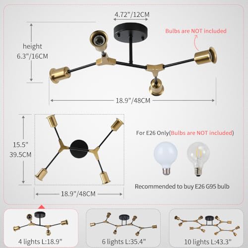 Modern Gold and Black Sputnik Semi Flush Mount Ceiling Light Fixture