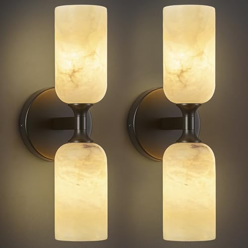 Natural Alabaster Wall Sconces Set of Two Modern Black Wall Lamp14in Milky White Alabaster Vanity Wall Lighting for Bedroom Bathroom Staircases Hallway（Included G9 Bulb） (2 Count)