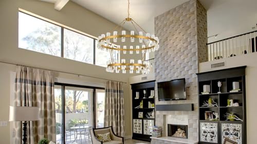 48 Inch Gold Wagon Wheel Chandelier with Crystal Shade