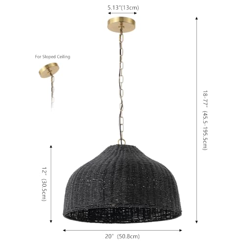 Eliza 20" Bohemian Black & Brass Gold Woven Rattan Dome Pendant