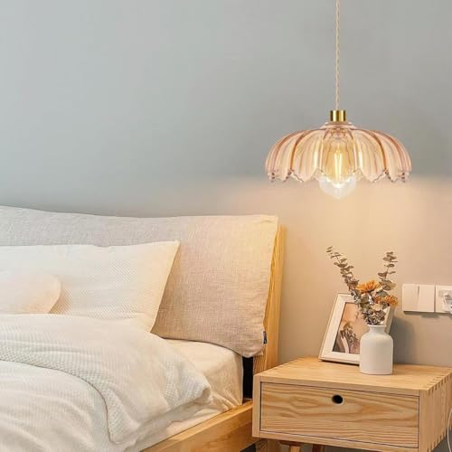 Plug in Pendant Light Hanging Lights with in Cord Mid Century Modern Gold Hanging Lamp Flower Glass Amber Vintage Dimmable Chandelier Ceiling Fixture for Living Room