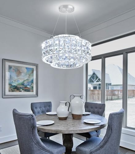 LED Chandeliers for Dining Room LED Dimmable Pendant Lights for Kitchen Island Crystal Adjustable Chandelier for Bedroom Hallway Entrance 12" Silver Light