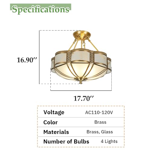 Brass Semi Flush Mount Ceiling Light Fixture with Ceramic Light Socket