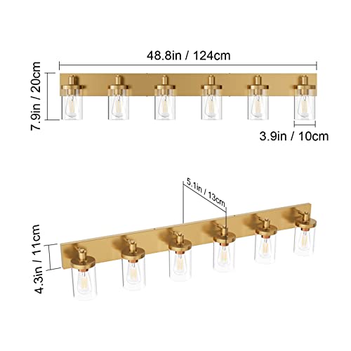 Gold Bathroom Vanity Light Farmhouse Vanity Lighting Fixtures 6 Light 48in Bathroom Light Fixtures with Clear Glass Shade