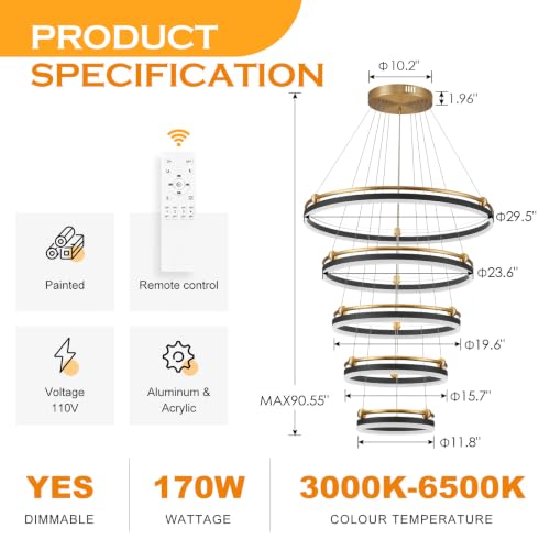5 Rings Modern LED Chandelier Black Gold Dimmable Large High Ceiling Chandeliers Foyer