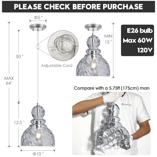 Hammered Glass Pendant Light Smoked Grey Kitchen Island Lights 10in Large Chrome Pendant Hanging Light for Dining Room Kitchen Sink Hallway Entrance