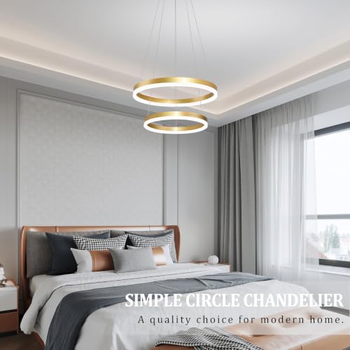 Modern Gold Led Chandelier 2 Rings Dimmable LED Chandeliers with Remote Control Light Fixture for Kitchen Island Height Adjustable Chandelier Led Pendant Light for Living Room Dining Room