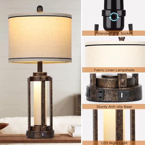 Farmhouse Industrial Lamp with USB A+C Charging Ports & AC Outlet