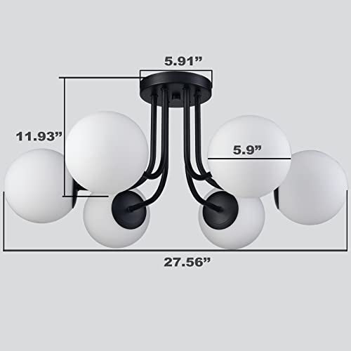 Modern 6 Light Black Metal Ceiling Light with Globe White Glass