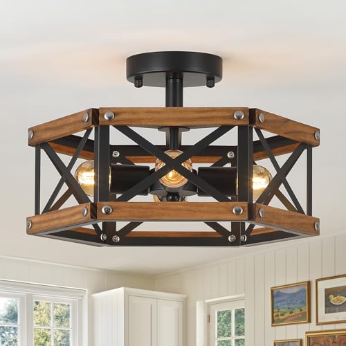 4 Light Rustic Farmhouse Wood Flush Mount Ceiling Light Fixture 14.5 inch Oak Wood and Metal Hexagon Cage Semi Flush Mount Ceiling Light for Hallway Entry Bedroom Kitchen Farmhouse Cabin
