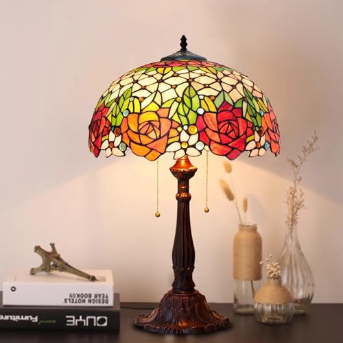 16 Inch Rose Tiffany Style Vintage Stained Glass Lamp Shade Replacement Only with Cap Fit for Bedside Reading Lamp Study Light Kitchen Dining Room Floor