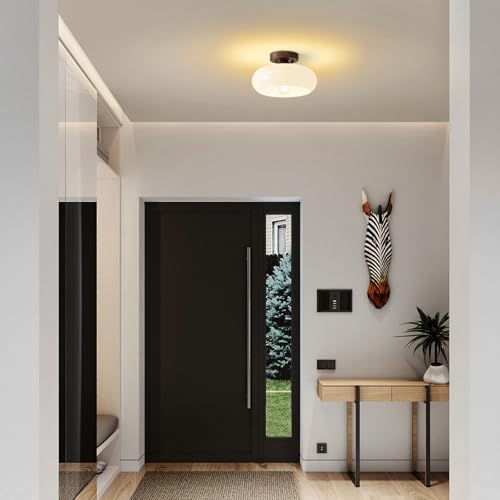 Mid Century Modern Faux Walnut Wood Semi Flush Ceiling Light 11.0 Inch