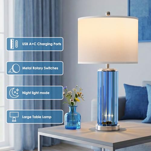 Blue Table Lamps for Bedroom Set of 2 with Nightlight (2 Count)