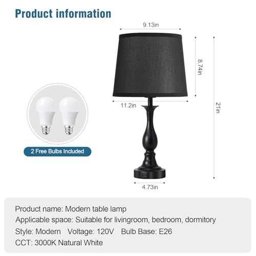 Bedside Table Lamp Touch Control Bedroom Lamps with USB A + C Charging Port 3 Way Dimmable Touch Lamps for Nightstand Living Room Bedroom Dorm Home Office Reading (2 Count)