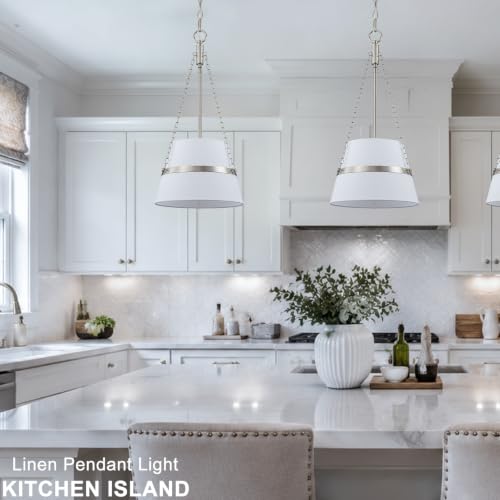 11.4" Brushed Nickel Drum Pendant Lights Kitchen Island White Fabric Shade
