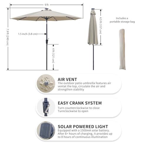 9FT Solar Patio Umbrella with 32 LED Lights