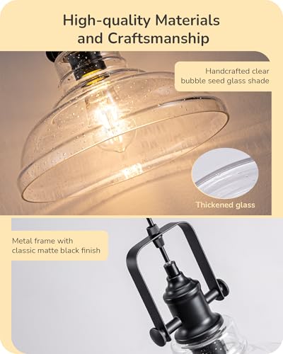 Pendant Light Kitchen Island Seeded Glass Shade Matte Black