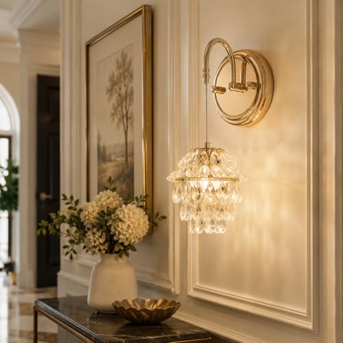 Small Indoor Hardwired Pinecone Crystal Brass Gold Wall Sconce Light