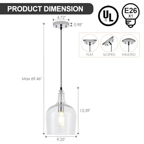9” Chrome Seeded Glass Pendant Light Modern 1 Light Single Dome Pendent Lighting Fixtures for Kitchen Island Dining Room Hallway