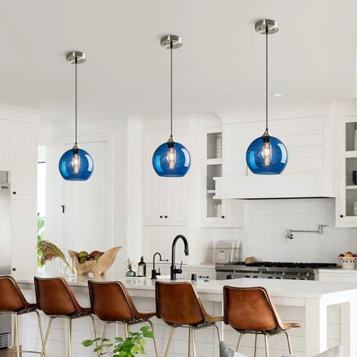 Blue Glass Pendant Lights Kitchen Island Lighting Globe Pendant Light Fixtures Modern Pendant Lighting for Kitchen Island Bedroom Living Dining Room Light Fixture (2 Count)