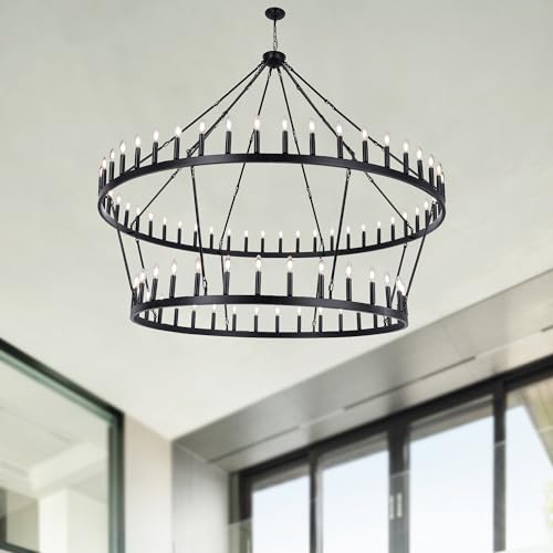 Rustic Farmhouse Black Wagon Wheel Chandelier Large Chandeliers for High Ceilings 2 Tier 80Lights 78.7 Inch for Dining Room Living Room Foyer Porch Kitchen Island