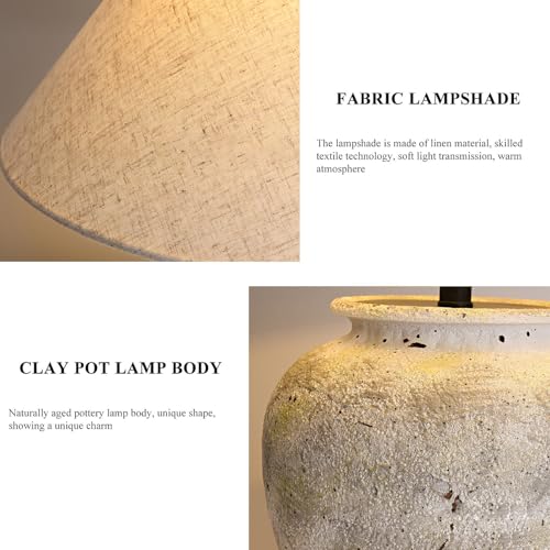 Farmhouse Table Lamp White Ceramic Lamps Rustic Clay Pot with Fabric Shade Decor for Living Room Bedroom House Bedside Nightstand Home Office