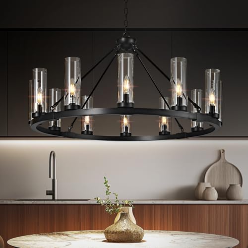 12 Light Black Chandelier Wagon Wheel Chandelier with Clear Glass Shade Round Industrial Pendant Lighting Fixture for Stair Living Room Foyer Kitchen