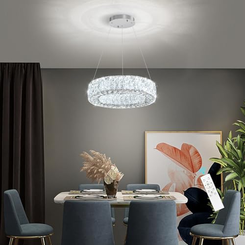 Modern Chandelier for Dining Room Dimmable LED Pendant Lights for Kitchen Island Lighting Silver Ring Crystal Chandeliers for Bedroom Entrance Living Room