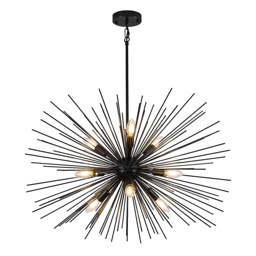 32in Black Sputnik Chandelier Solid Metal Starburst Light Fixture 9 Light