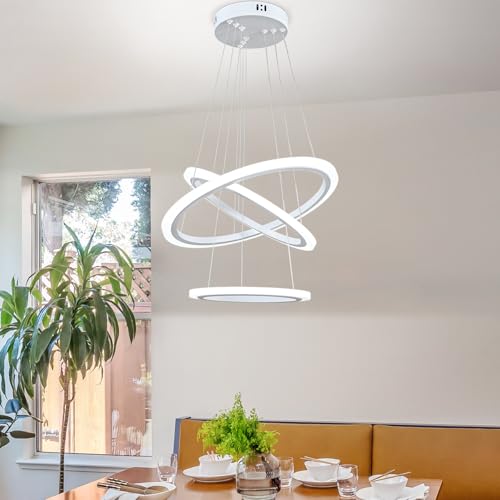 Modern LED Chandeliers White Pendant Light Fixture 3 Ring Flush Mount Chandeliers with Adjustable Hanging Cord for Bedroom