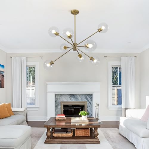 8 Lights Modern Large Gold Globe Sputnik Chandelier Contemporary Clear Glass Ball Bubble Chandelier Lighting Brass Sputnik Hanging Light Fixture Vintage Retro Pendant Lights Kitchen Island