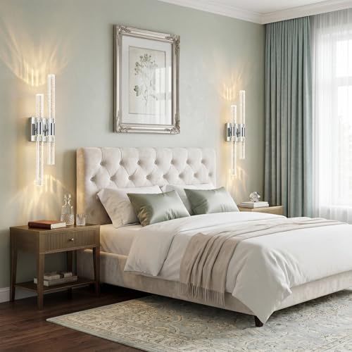 Crystal Wall Sconces Set of Two Chrome Wall Sconce Hardwired LED Bathroom Vanity Light Fixtures 21.25in 4000K Vertical and Horizontal Wall Mounted Sconces for Bedroom (2 Count)