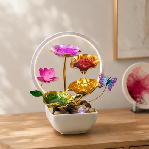 Tabletop Fountain Metal Lotus Indoor Fountain Water Feature for Zen Home Office Fengshui Decor Warm Light