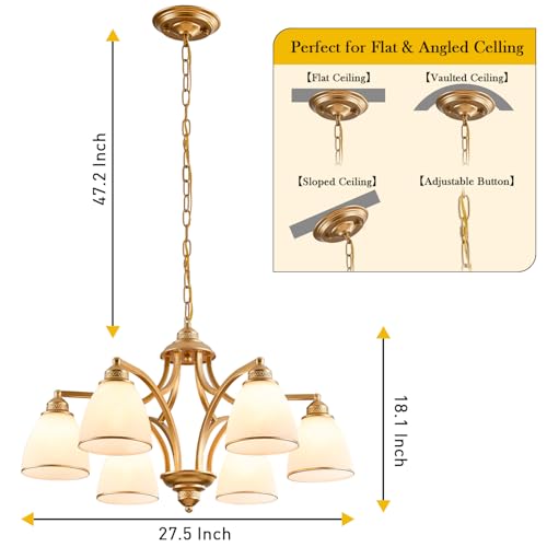 6 Light Modern Gold Chandelier with Frosted Glass Lampshade Height Adjustable Max 47" Hanging Ceilling Light for Dining Room Entryway Hallway Kitchen Foyer