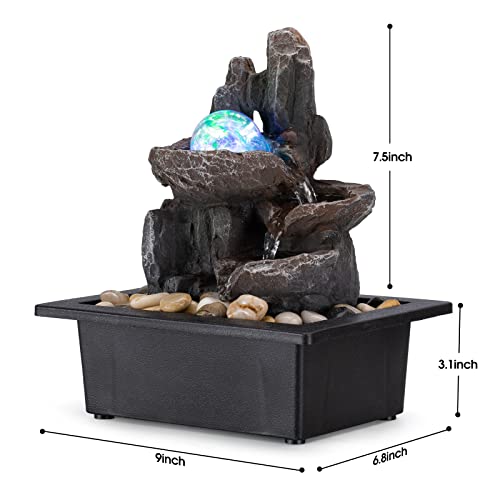 Tabletop Fountain Rotating Ball Rock Waterfall Fountain Office Tabletop Fountains for Home Office Decor Includes Many Natural River Rocks Decorated with Colorful Lights and Rolling Ball