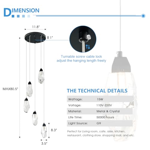 5 Light Black Crystal Chandelier Teardrop Dimmable Pendant Light