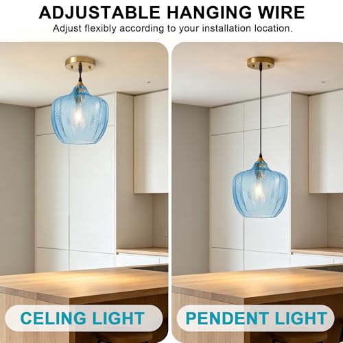 Blue Glass Pendant Lights Kitchen Island Gold Hanging Ceiling Light 9.45"